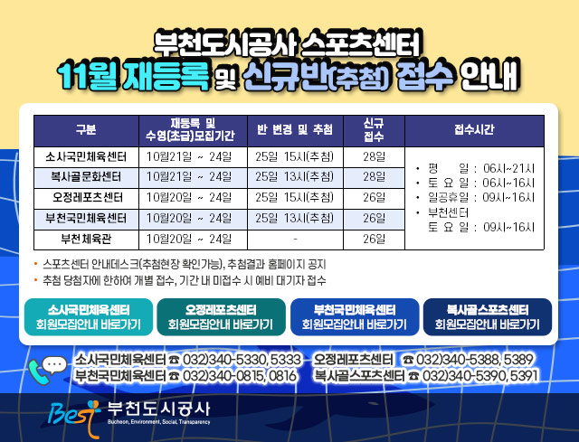 부천도시공사 스포츠센터 11월 재등록 및 신규반(추첨) 접수 안내