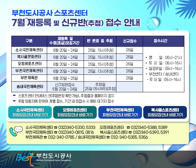 부천도시공사 스포츠센터 7월 재등록 및 신규반(추첨) 접수 안내