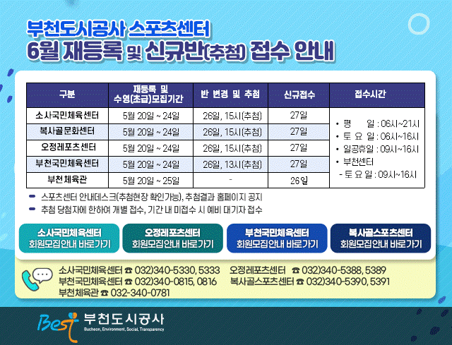 부천도시공사 스포츠센터 6월재등록 및 신규반(추첨) 접수안내