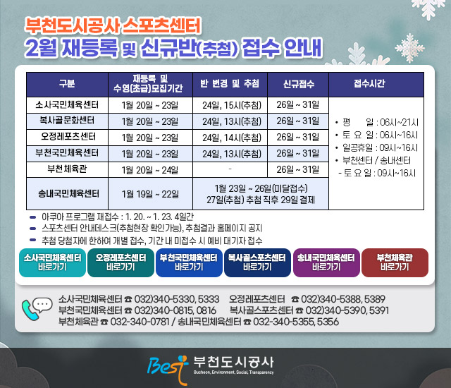 부천도시공사 스포츠센터 2월 재등록 및 신규반(추첨) 접수 안내