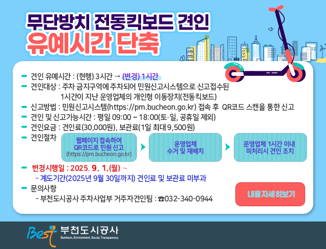 무단방치 전동킥보드 견인 유예시간 단축  ○ 견인 유예시간 : (현행) 3시간 → (변경) 1시간  ○ 견인대상 : 주차 금지구역에 주차되어 민원신고시스템으로 신고접수된                1시간이 지난 운영업체의 개인형 이동장치(전동킥보드)  ○ 신고방법 : 민원신고시스템(https://pm.bucheon.go.kr) 접속 후 QR코드 스캔을 통한 신고  ○ 견인 및 신고가능시간 : 평일 09:00 ~ 18:00(토·일, 공휴일 제외)  ○ 견인요금 : 견인료(30,000원), 보관료(1일 최대 9,500원)  ○ 견인절차      웹페이지 접속하여 QR코드로 민원 신고 (https://pm.bucheon.go.kr) ▶ 운영업체 수거 및 재배치 ▶ 운영업체 1시간 이내 미처리시 견인 조치   ○ 변경시행일 : 2025. 9. 1.(월) ∼    - 계도기간(2025년 9월 30일까지) 견인료 및 보관료 미부과  ○ 문의사항    - 부천도시공사 주차사업부 거주자견인팀 : 